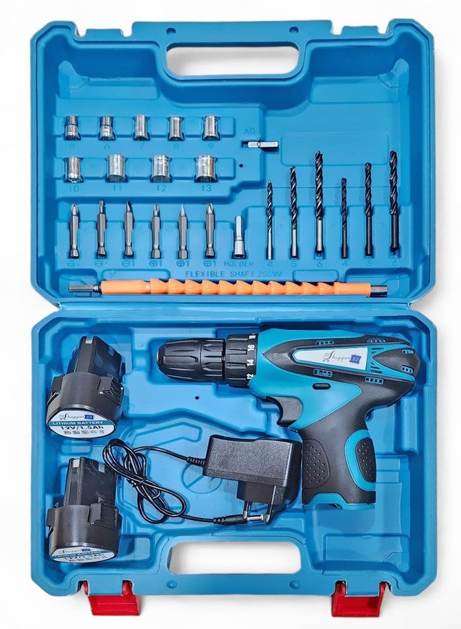 Shopper52 12V Cordless Drill - Blue | Compact DIY Drill for Wood & Metal | Includes 2 Li-ion Batteries, Keyless Chuck & Multi-Bit Set - Image 1